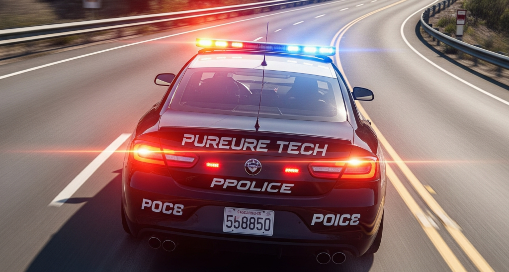 Um carro de polícia de Need for Speed: Rivals com luzes piscando e tecnologia de perseguição ativada, dirigindo em alta velocidade.
