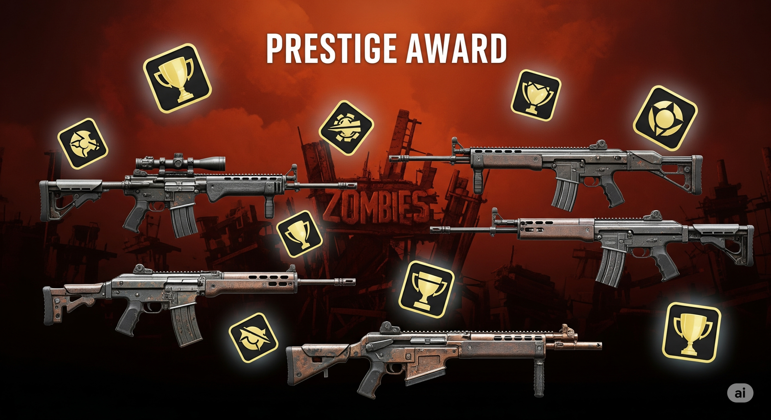 Uma montagem de várias armas do Call of Duty: Black Ops 4 Zombies, com ícones de troféu dourados flutuando ao redor. O fundo é escuro com elementos do mapa. O texto "Prestige Award" aparece em destaque no centro.