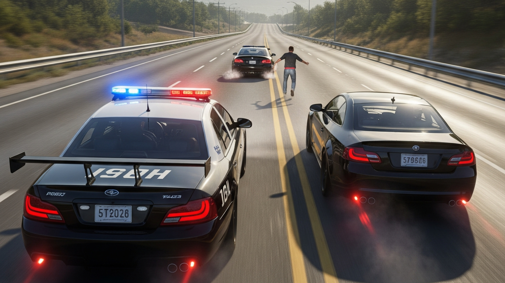 Uma cena de perseguição de alta velocidade em Need for Speed Rivals, com um carro de polícia perseguindo um carro de corredor.
