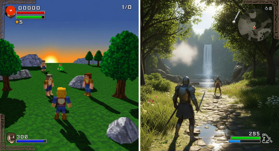 Comparação lado a lado de um jogo clássico pixelado e seu remake moderno em alta resolução