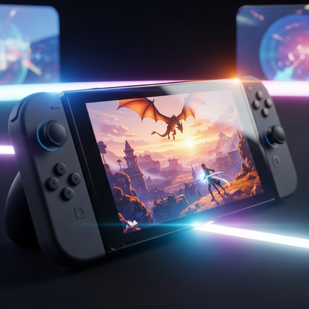Console Nintendo Switch 2 moderno com gráficos vibrantes de um jogo de aventura (dragão e personagem) e luzes futuristas
