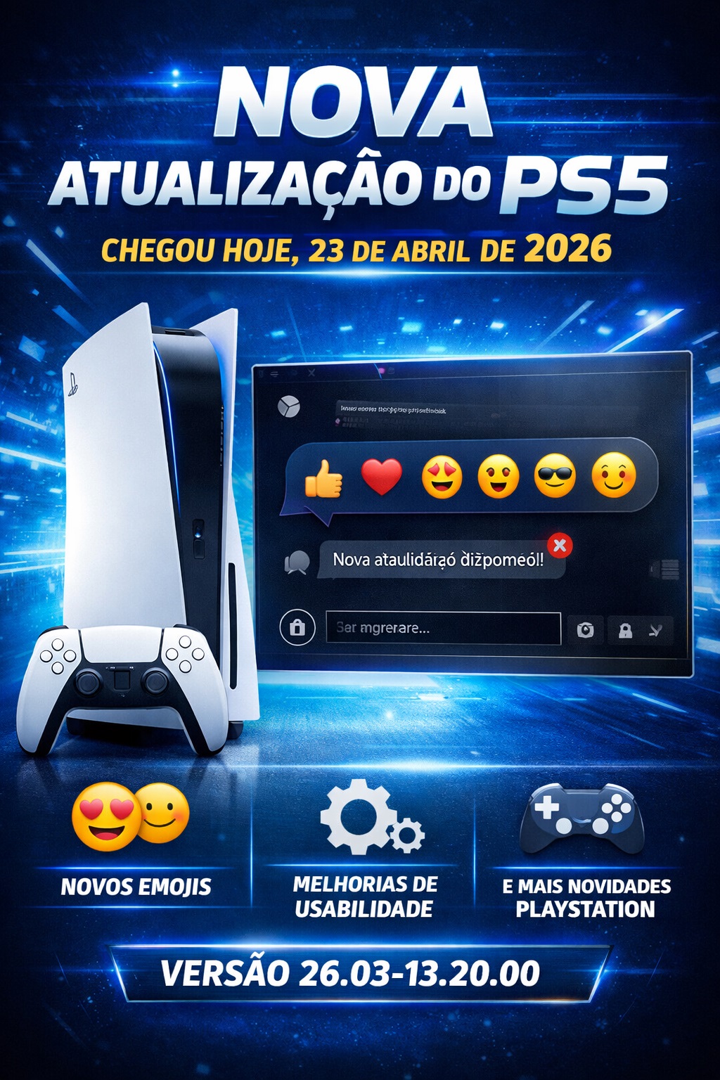 Capa da nova atualização do PS5 lançada em 23 de abril de 2026, mostrando o console, controle DualSense e emojis das novas reações.